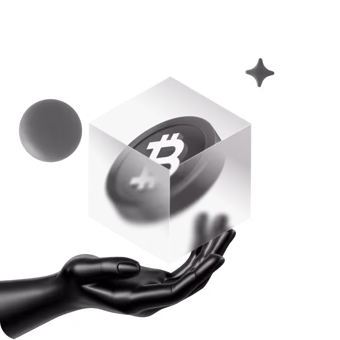 Hand holding a transparent cube with a Bitcoin symbol representing secured lending collateral